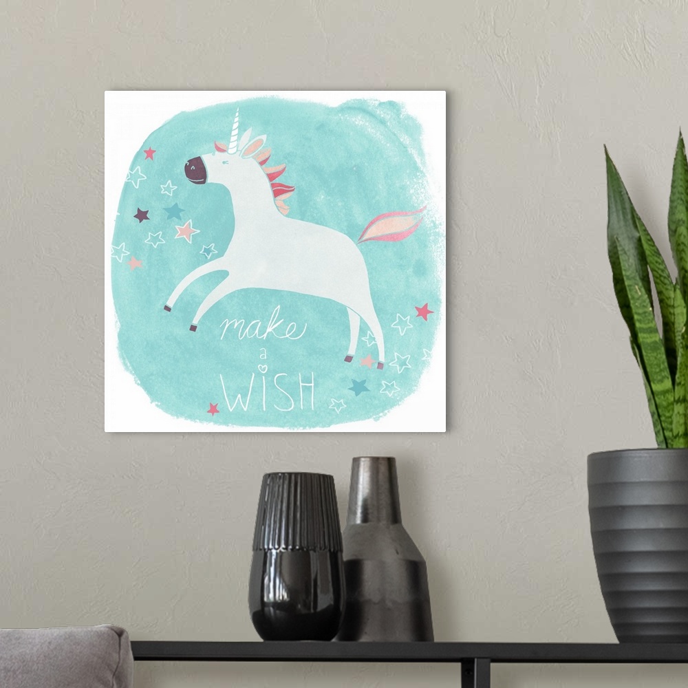 A modern room featuring This endearing decor blue watercolor background with the words: Make a wish.