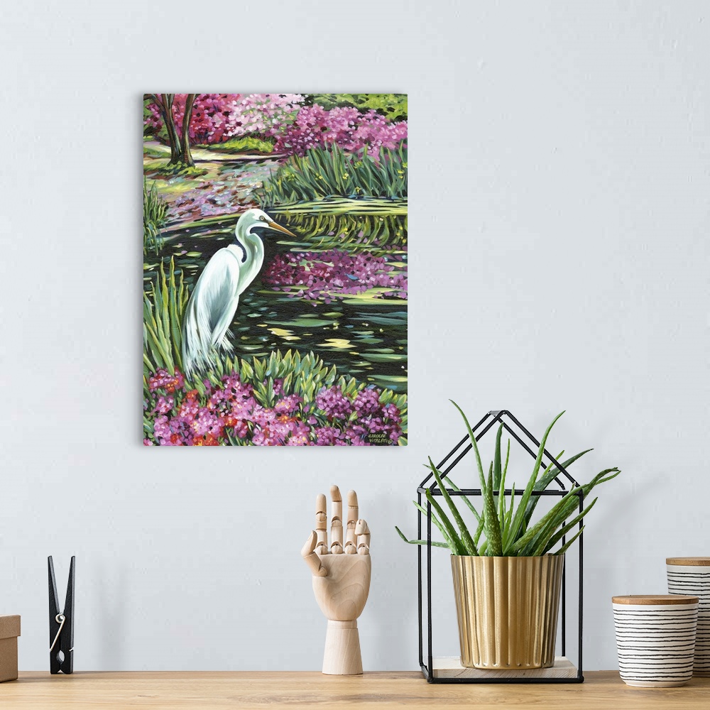A bohemian room featuring Contemporary painting of a white egret in a garden pond with flowering trees.