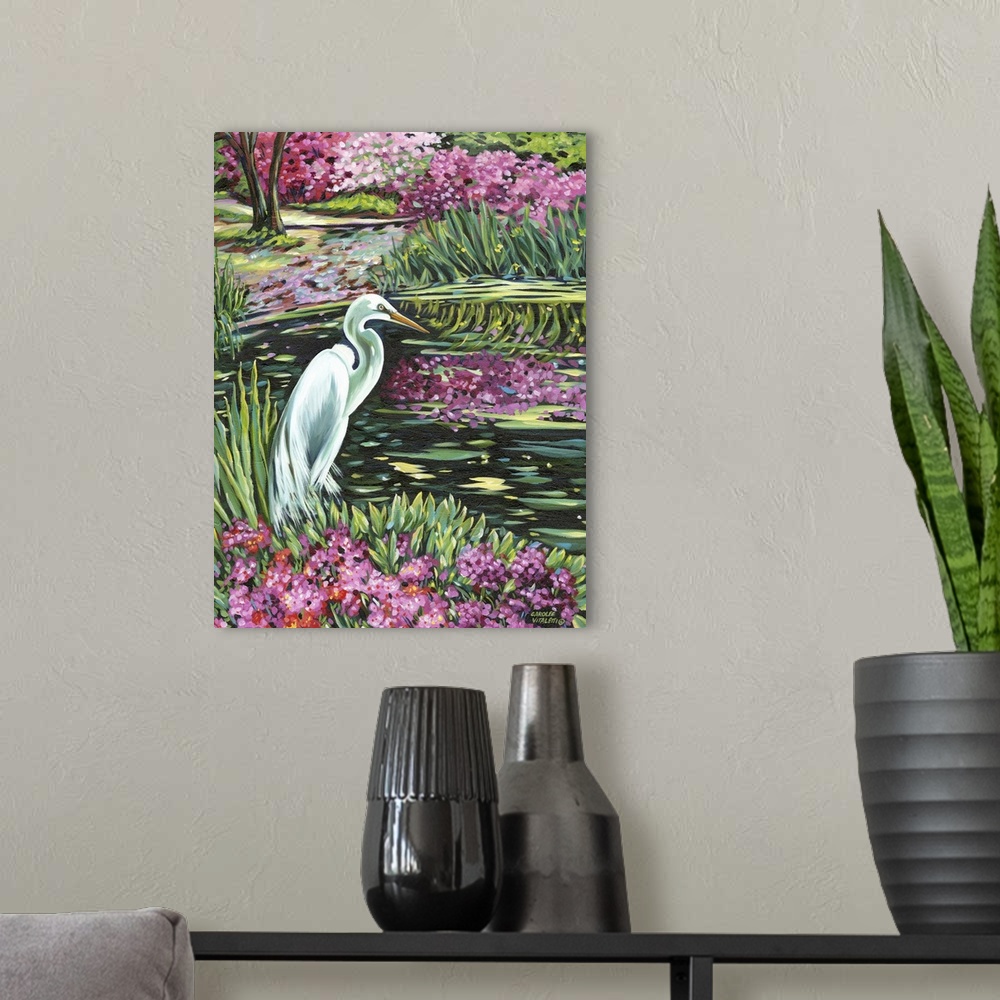 A modern room featuring Contemporary painting of a white egret in a garden pond with flowering trees.