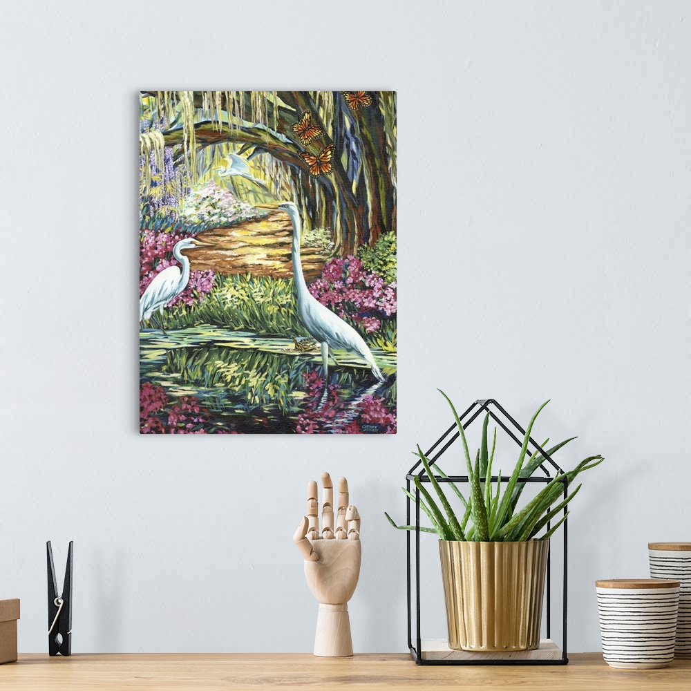 A bohemian room featuring Contemporary painting of two white egrets in a garden pond a willow tree and butterflies.