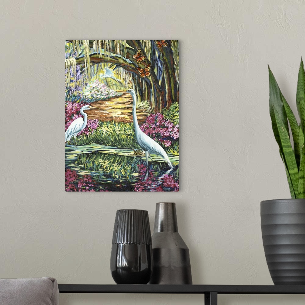 A modern room featuring Contemporary painting of two white egrets in a garden pond a willow tree and butterflies.