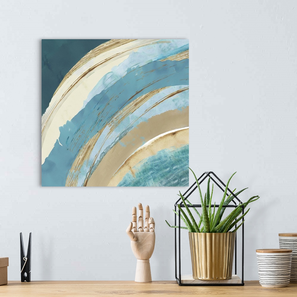 A bohemian room featuring Blue abstract ocean painting.
