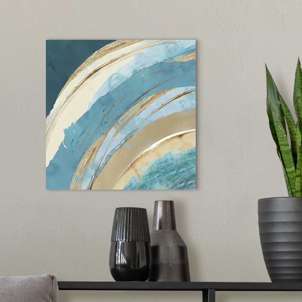 A modern room featuring Blue abstract ocean painting.