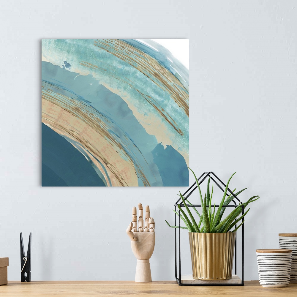 A bohemian room featuring Blue abstract ocean painting.