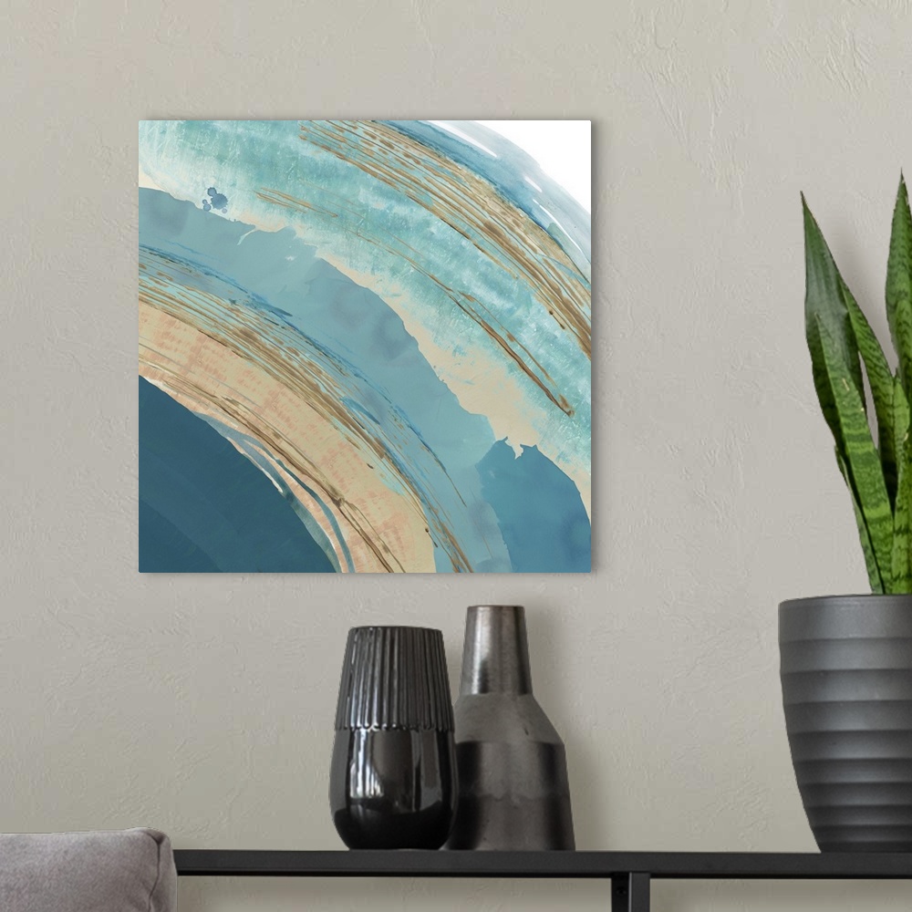 A modern room featuring Blue abstract ocean painting.