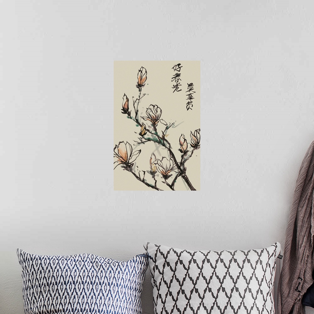 A bohemian room featuring Chinese style artwork of blossoming magnolia flowers on branches with calligraphy.