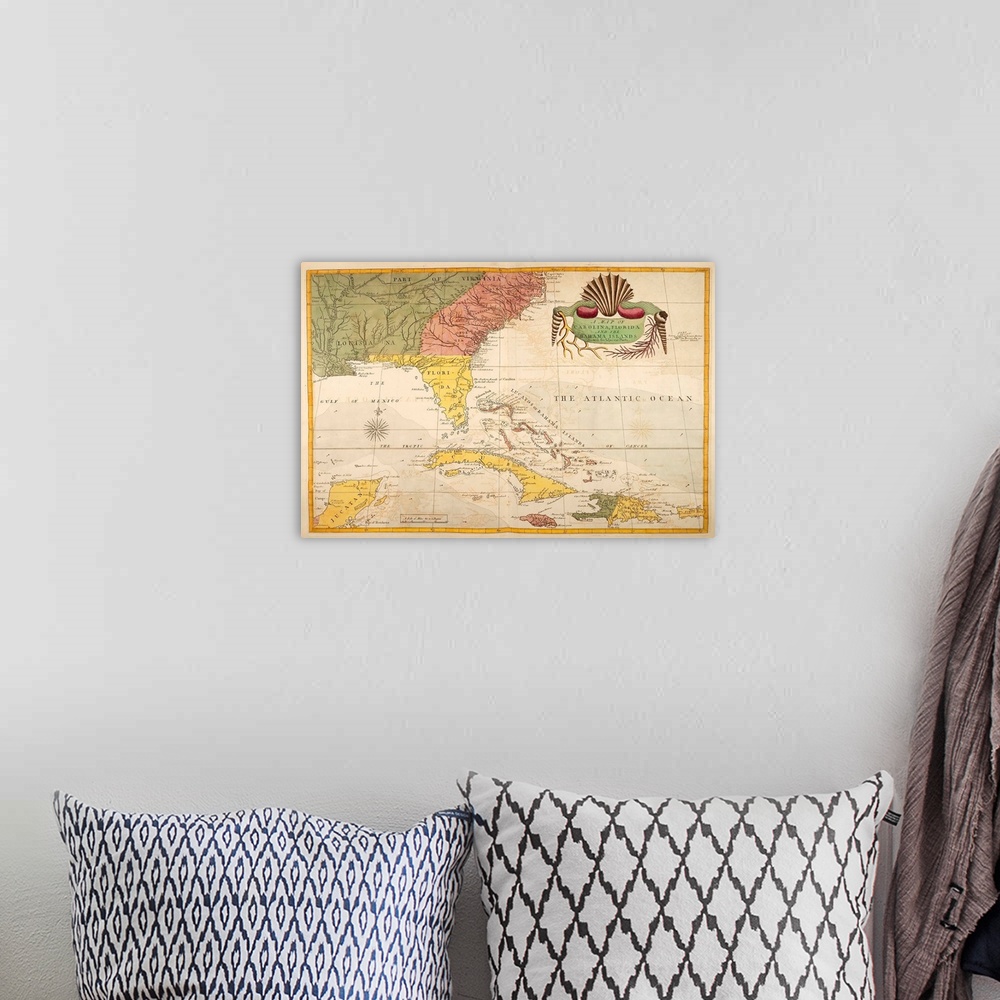 A bohemian room featuring Vintage map of the Carolinas, Florida, and islands in the Caribbean.