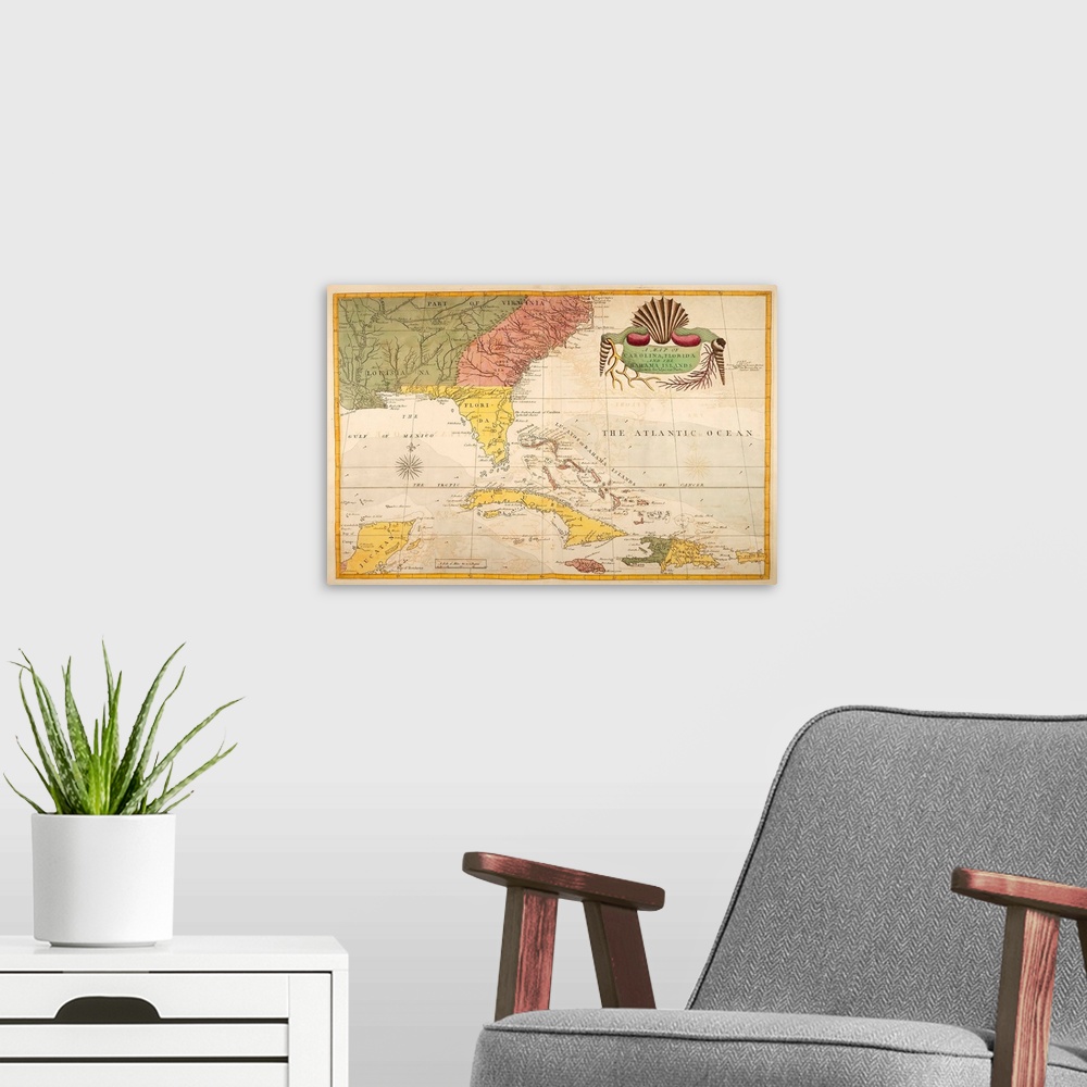 A modern room featuring Vintage map of the Carolinas, Florida, and islands in the Caribbean.
