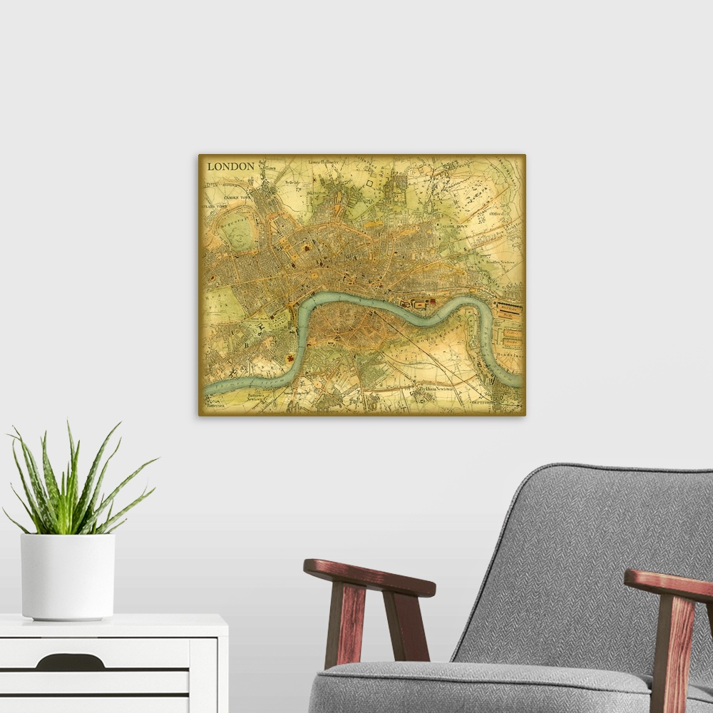 A modern room featuring Antique map showing roadways, bodies of water, and suburbs/towns within the city.