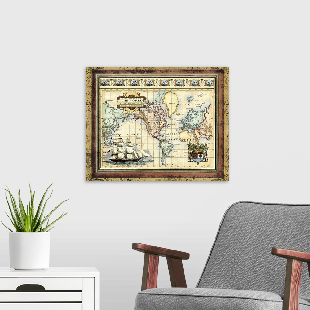 A modern room featuring Map of the World
