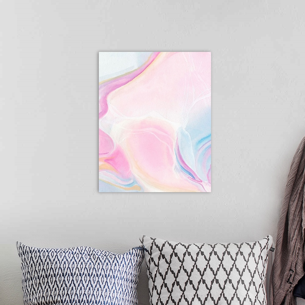 A bohemian room featuring A vertical abstract painting of watercolor pastel colors in pink and blue.