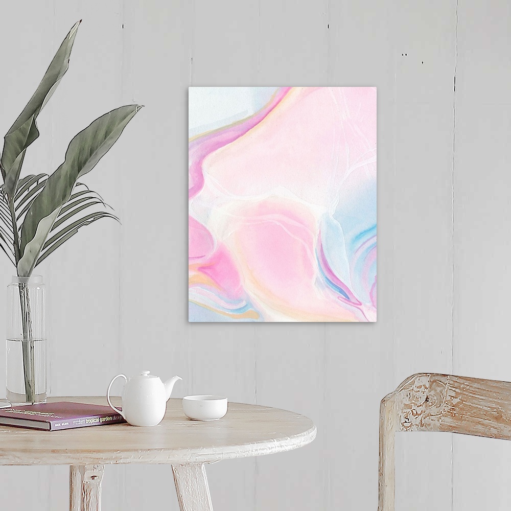 A farmhouse room featuring A vertical abstract painting of watercolor pastel colors in pink and blue.