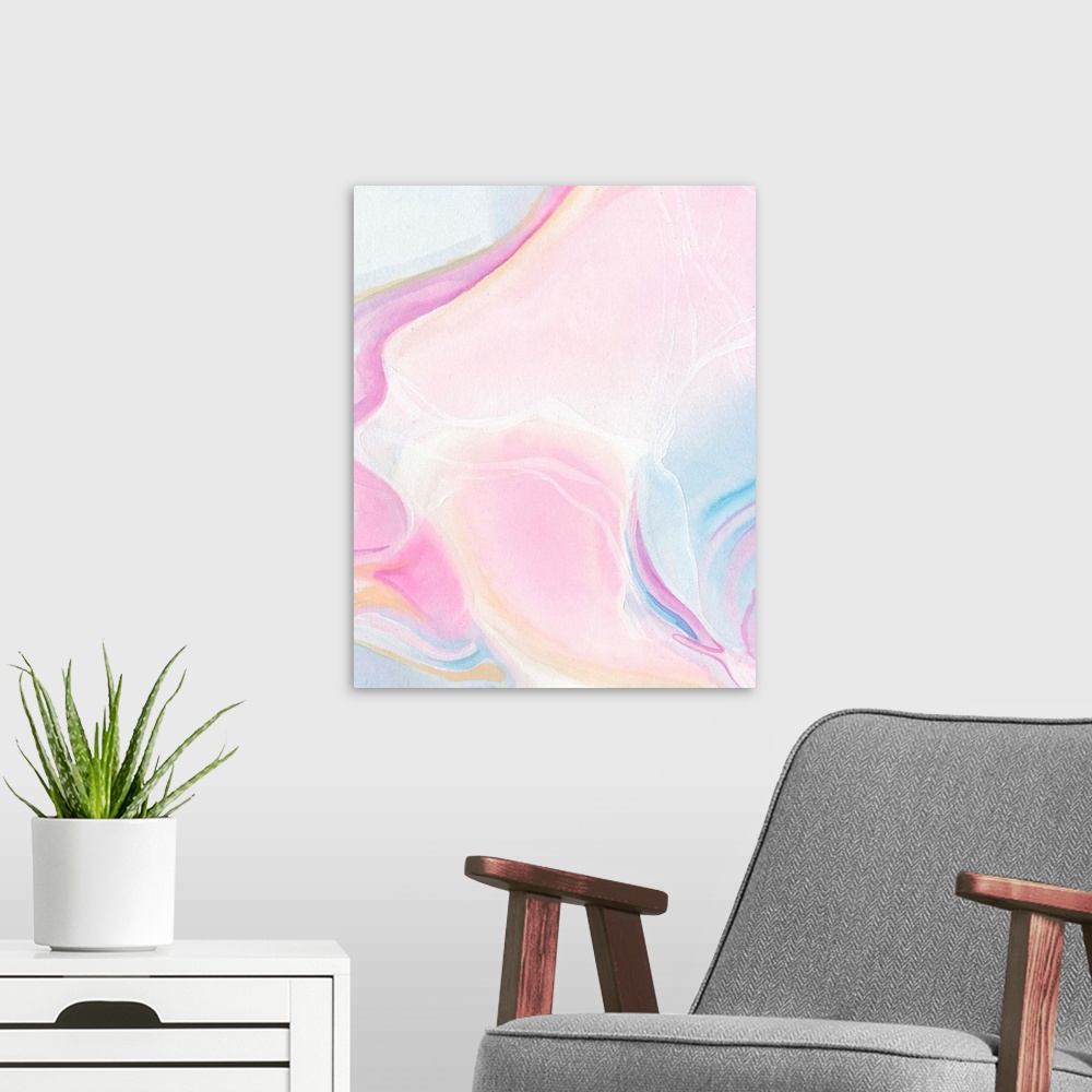 A modern room featuring A vertical abstract painting of watercolor pastel colors in pink and blue.