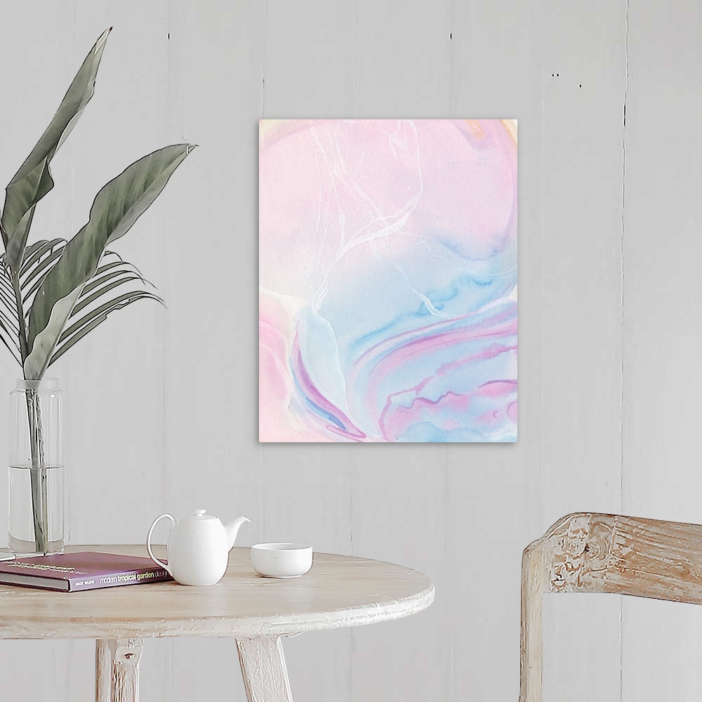 A farmhouse room featuring A vertical abstract painting of watercolor pastel colors in pink and blue.