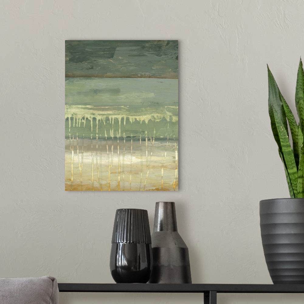 A modern room featuring Contemporary abstract painting using split contrasting green and gold tones.