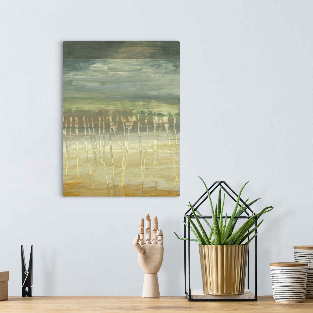 A bohemian room featuring Contemporary abstract painting using split contrasting green and gold tones.