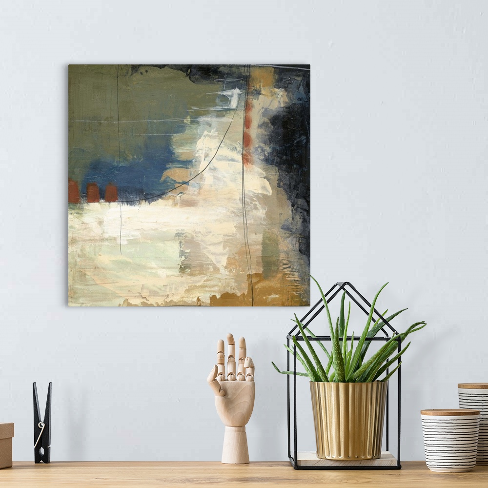 A bohemian room featuring Contemporary abstract painting using muted warm and cool tones.