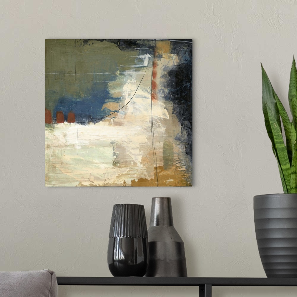 A modern room featuring Contemporary abstract painting using muted warm and cool tones.