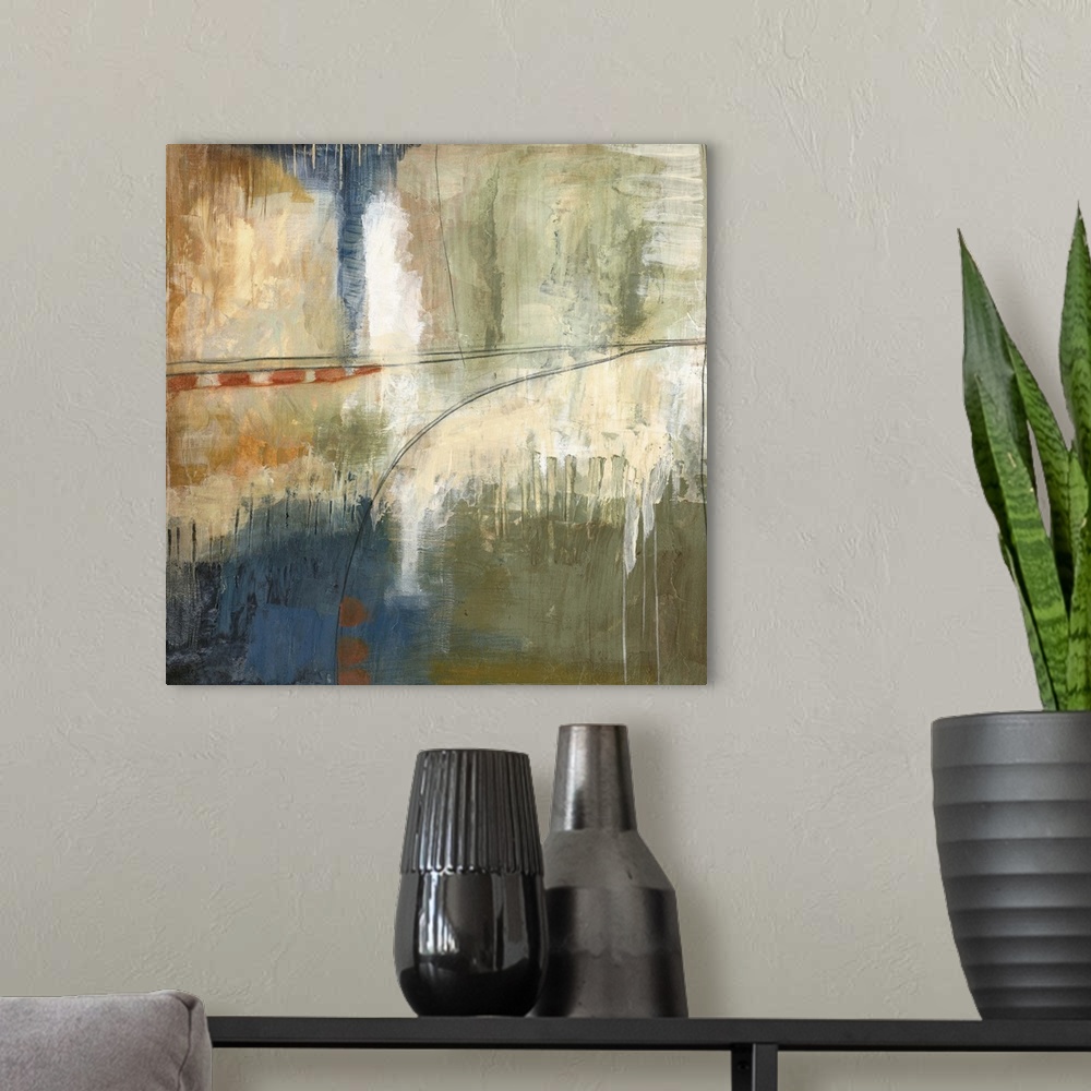 A modern room featuring Contemporary abstract painting using muted warm and cool tones.