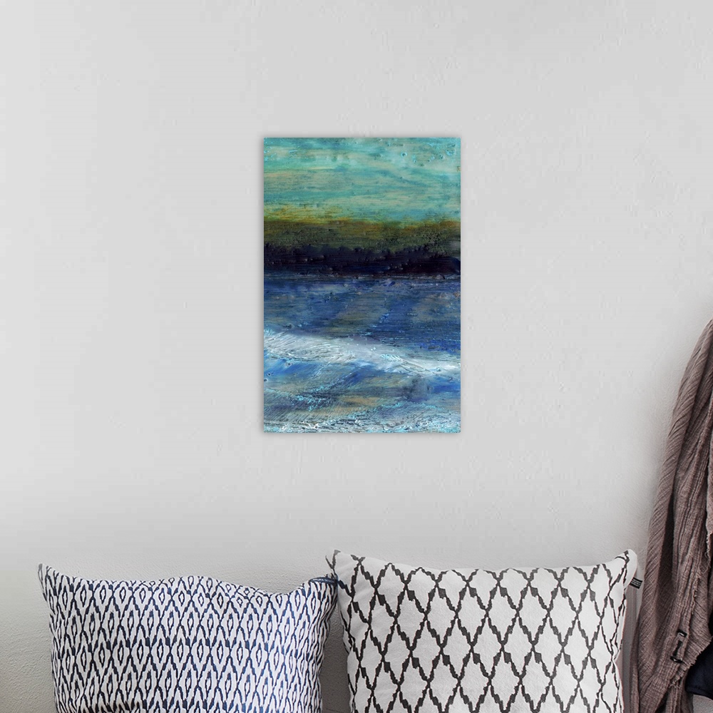 A bohemian room featuring Contemporary painting of a stormy sea with a dark horizon.