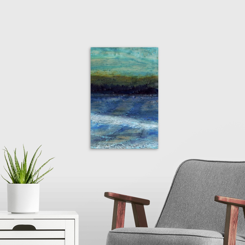 A modern room featuring Contemporary painting of a stormy sea with a dark horizon.