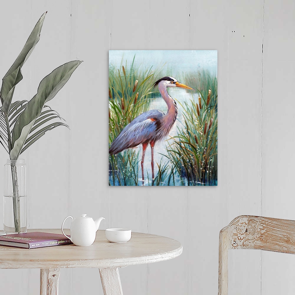A farmhouse room featuring In this contemporary artwork, a stoic heron wades in the water with tall grasses and cattails wor...