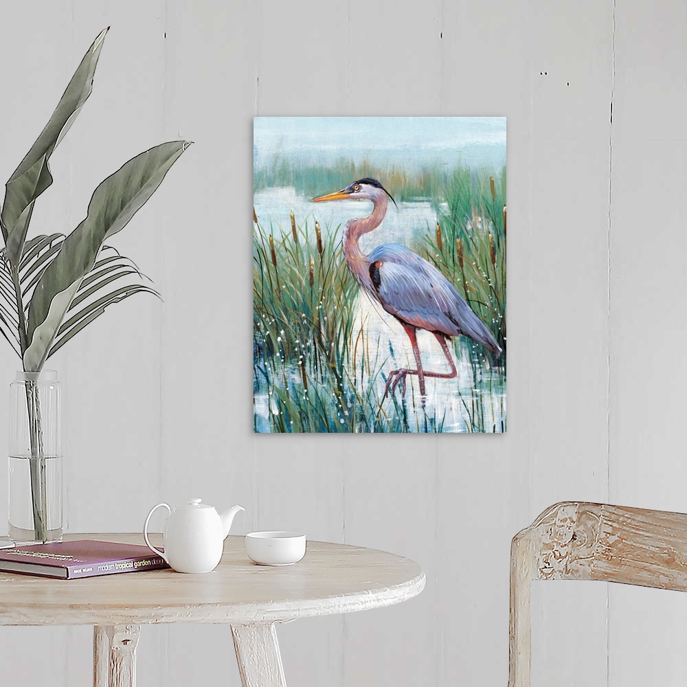A farmhouse room featuring In this contemporary artwork, a stoic heron wades in the water with tall grasses and cattails wor...