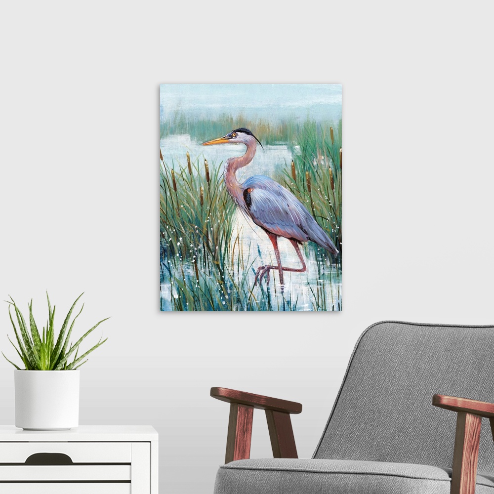 A modern room featuring In this contemporary artwork, a stoic heron wades in the water with tall grasses and cattails wor...