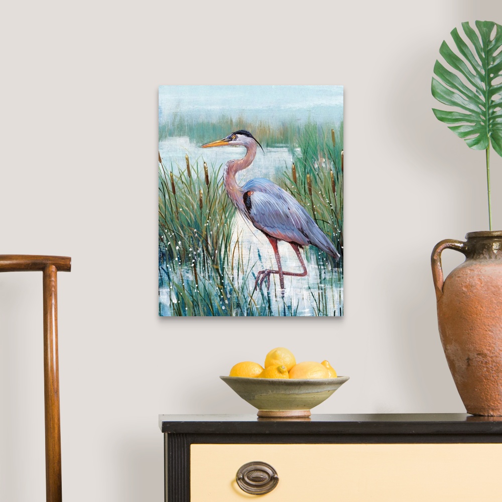 A traditional room featuring In this contemporary artwork, a stoic heron wades in the water with tall grasses and cattails wor...