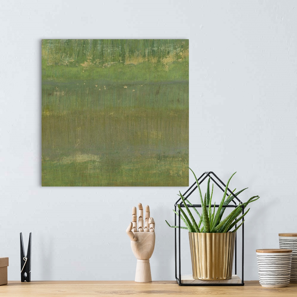 A bohemian room featuring Contemporary abstract painting of a pale muted green colorfield.