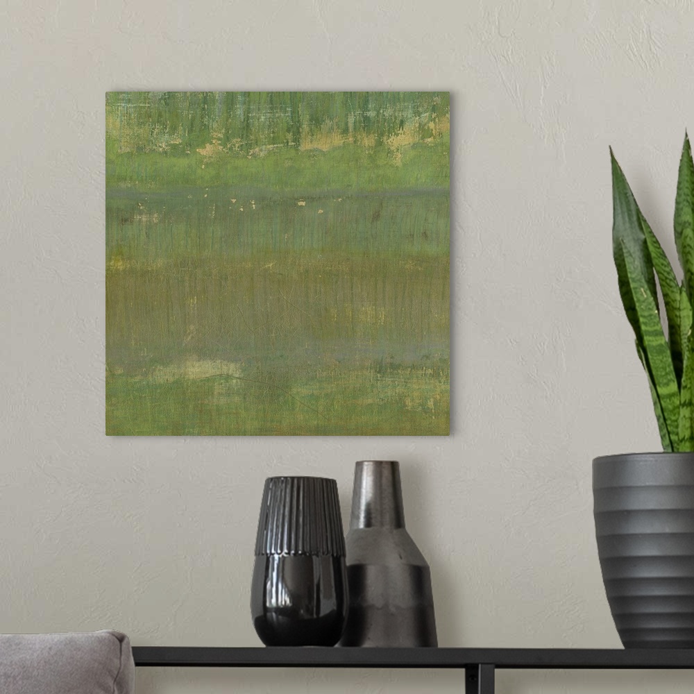 A modern room featuring Contemporary abstract painting of a pale muted green colorfield.