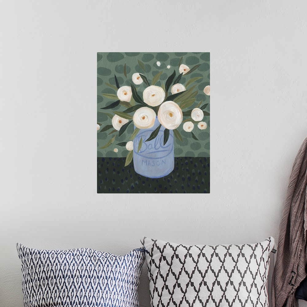 A bohemian room featuring Contemporary painting of a blue mason jar full of white flowers on a green toned backdrop with sp...