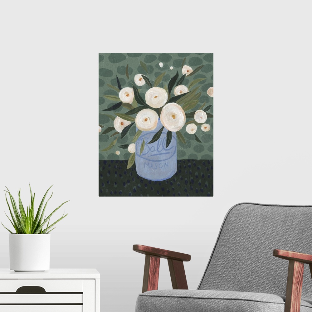 A modern room featuring Contemporary painting of a blue mason jar full of white flowers on a green toned backdrop with sp...