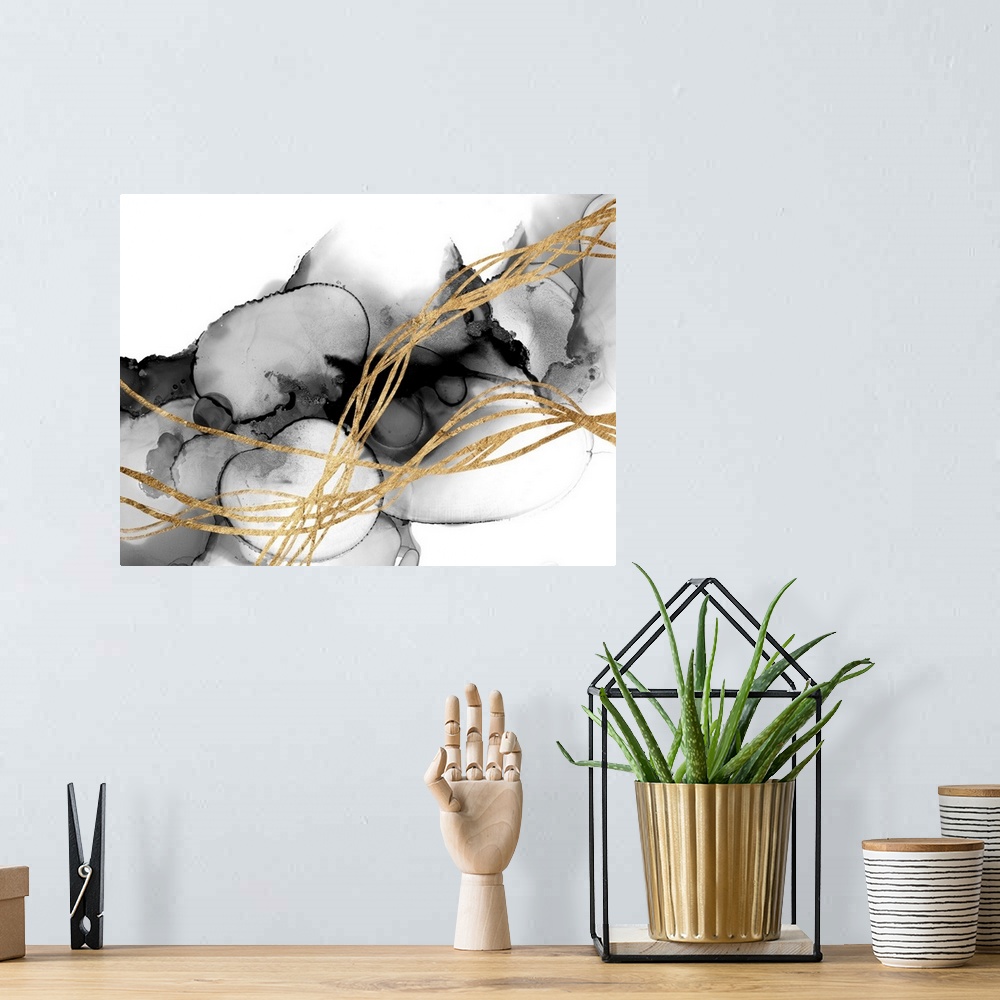 A bohemian room featuring A stunning abstract piece featuring waves of gold atop a smoky, inky, fluid background. The combi...