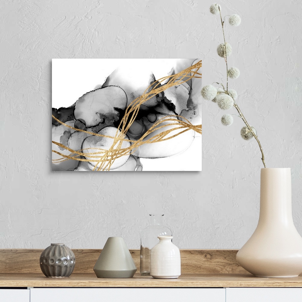 A farmhouse room featuring A stunning abstract piece featuring waves of gold atop a smoky, inky, fluid background. The combi...