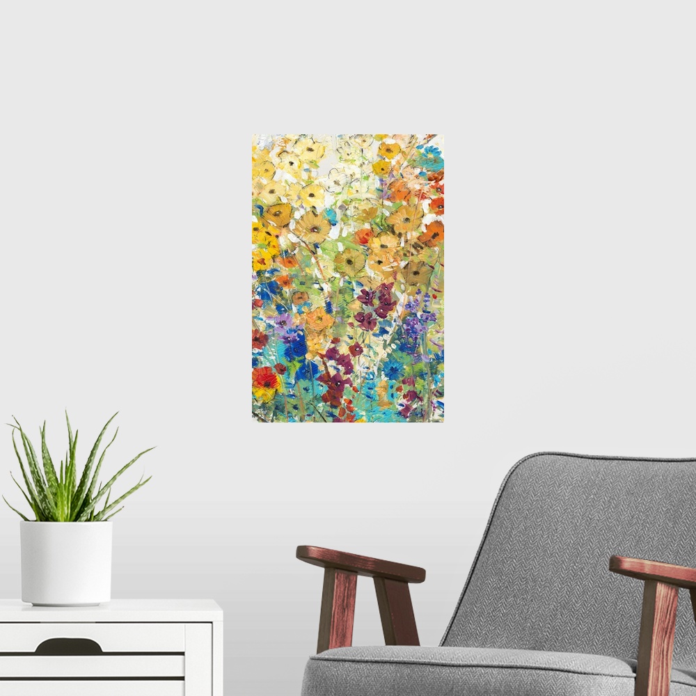 A modern room featuring Contemporary artwork of a cheerful field of rainbow colored flowers in full bloom.