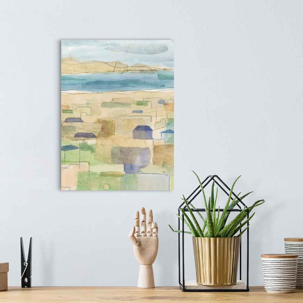 A bohemian room featuring Vertical abstract watercolor painting of a Mediterranean coast village done in muted tones with l...