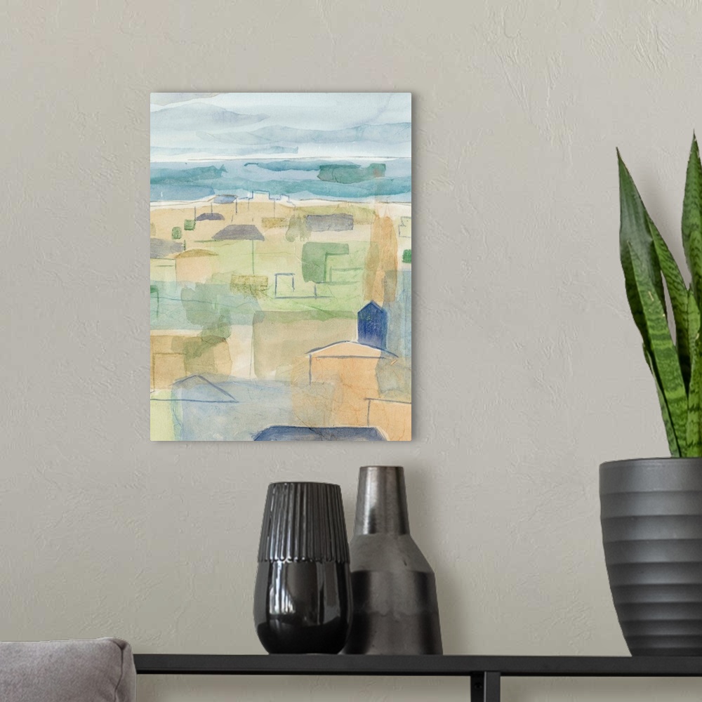 A modern room featuring Vertical abstract watercolor painting of a Mediterranean coast village done in muted tones with l...