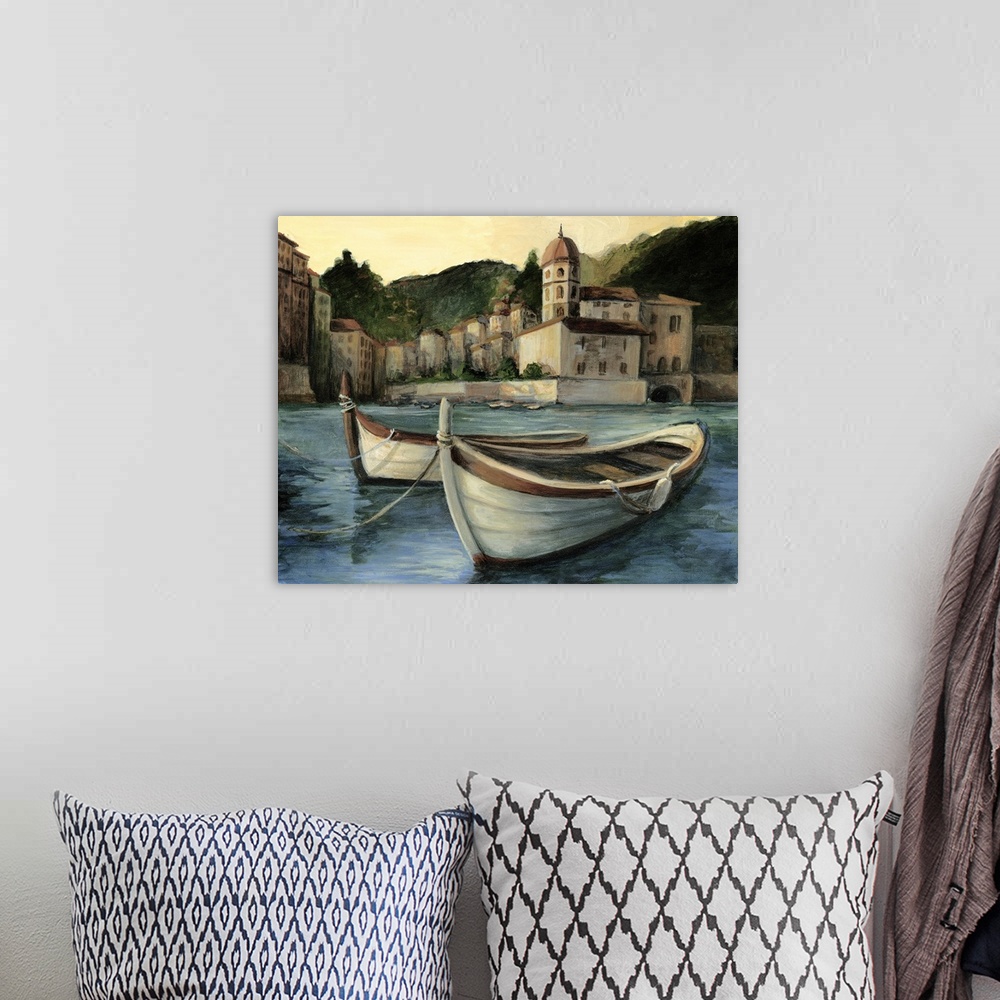 A bohemian room featuring Contemporary painting of a coastal village with rowboats in the foreground.