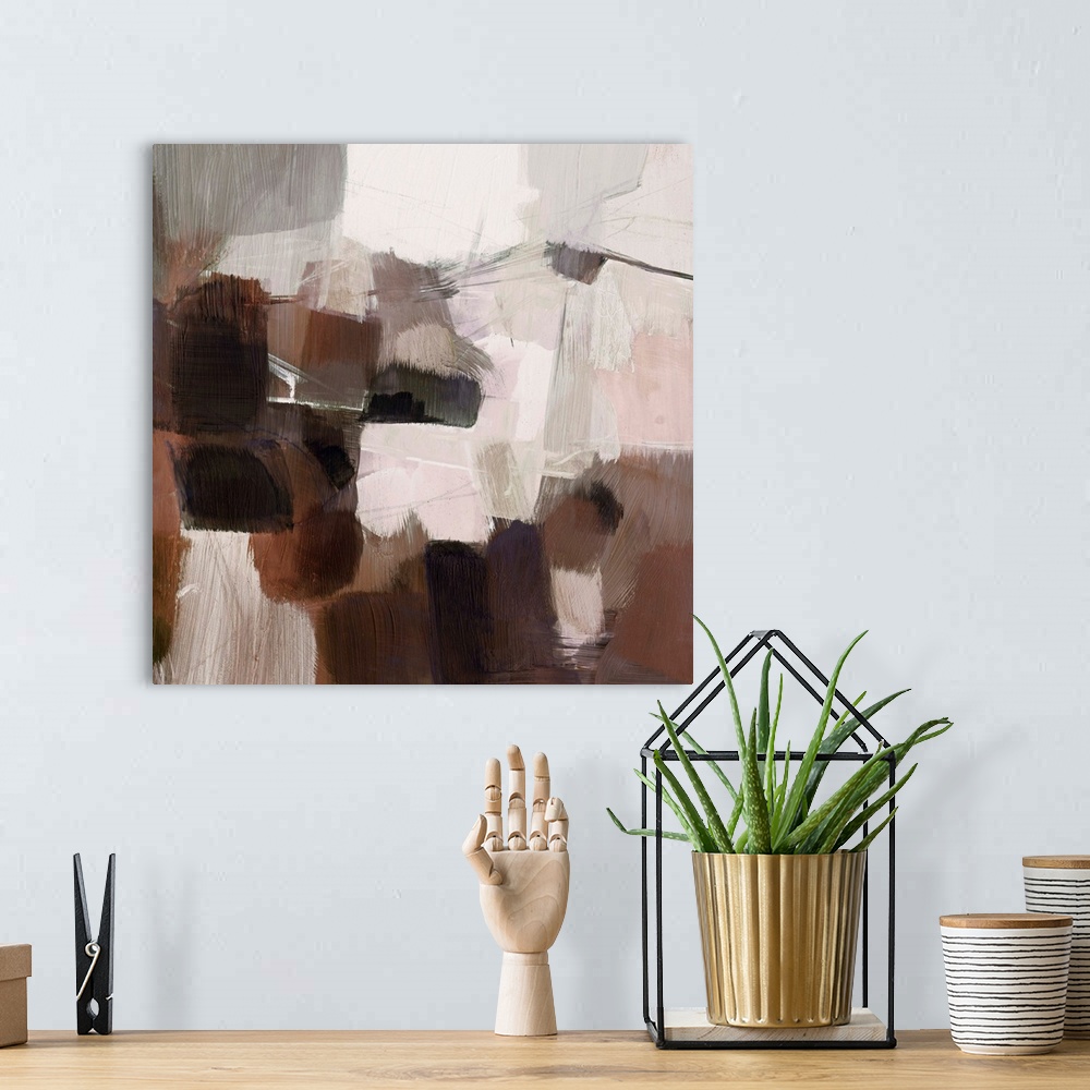 A bohemian room featuring A chunky, blocky, contemporary abstract in neutral earthtones.