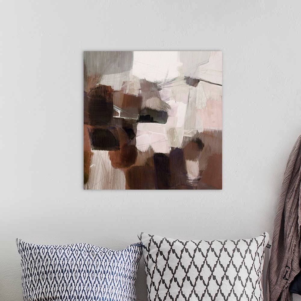 A bohemian room featuring A chunky, blocky, contemporary abstract in neutral earthtones.