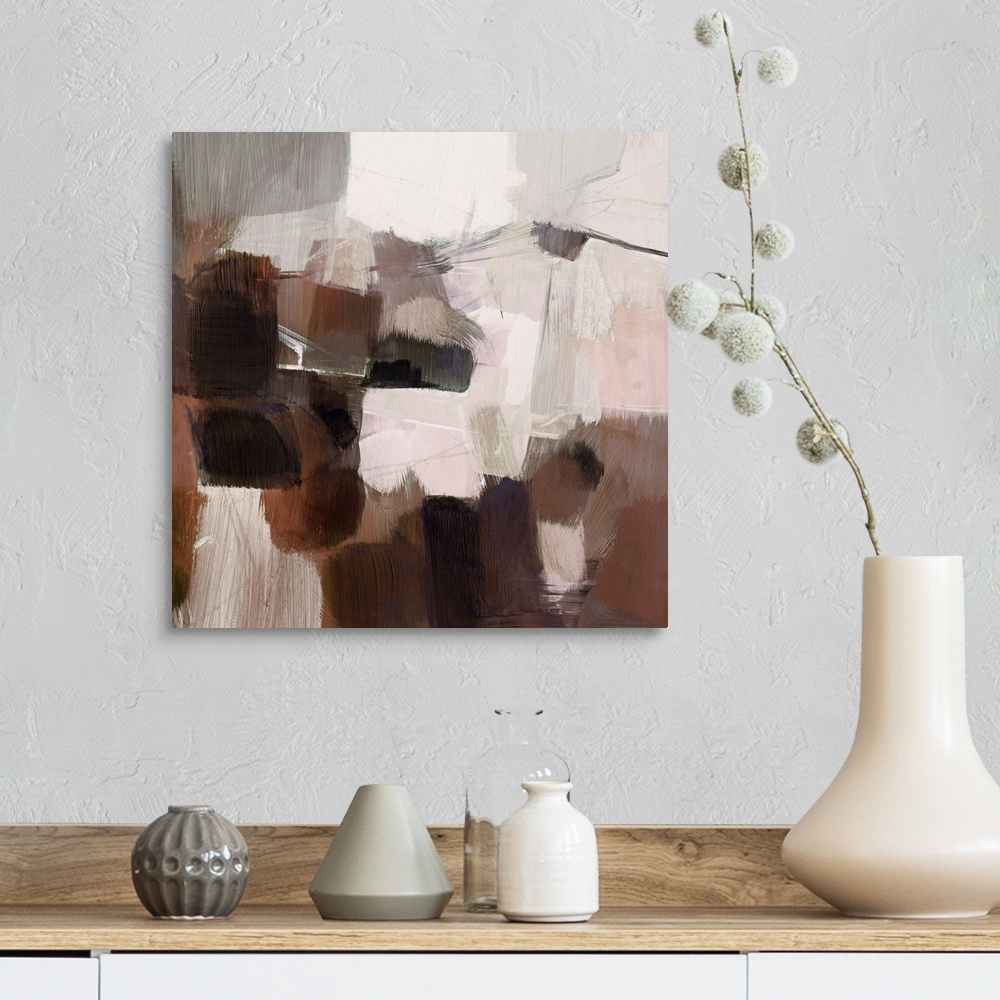 A farmhouse room featuring A chunky, blocky, contemporary abstract in neutral earthtones.