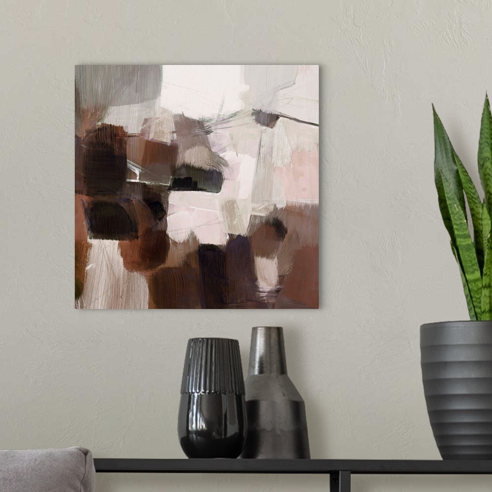 A modern room featuring A chunky, blocky, contemporary abstract in neutral earthtones.