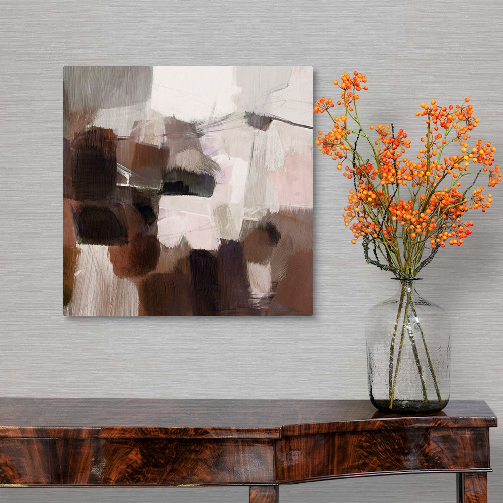 A traditional room featuring A chunky, blocky, contemporary abstract in neutral earthtones.