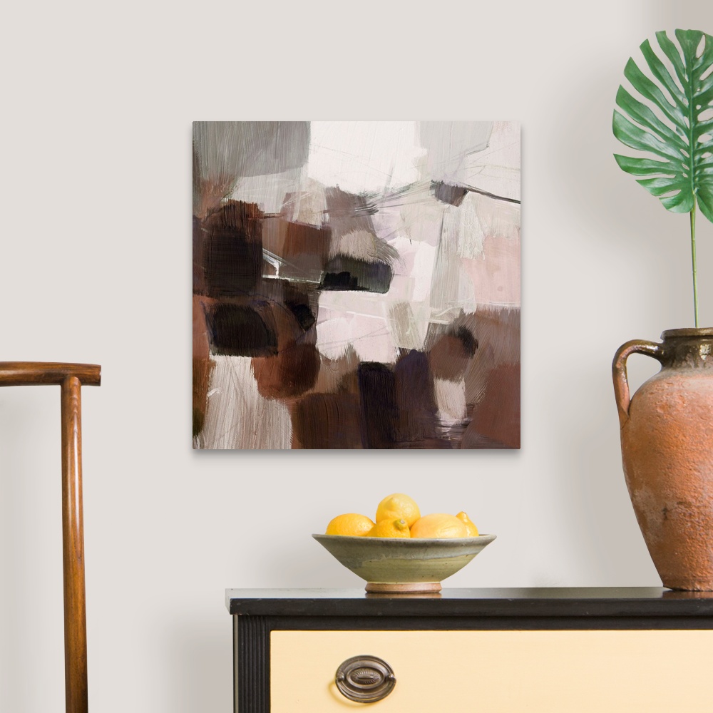 A traditional room featuring A chunky, blocky, contemporary abstract in neutral earthtones.