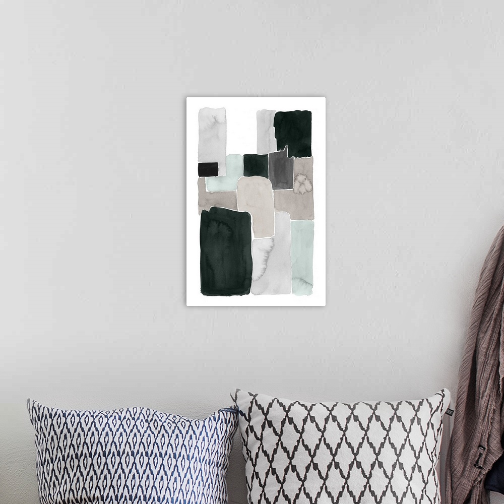 A bohemian room featuring Contemporary abstract painting with blocks of grey and black on a white background.