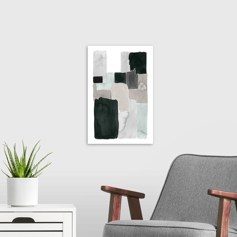 A modern room featuring Contemporary abstract painting with blocks of grey and black on a white background.