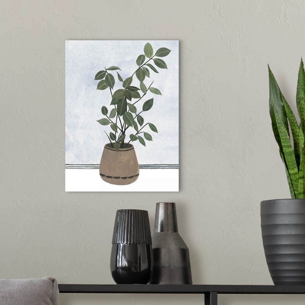 A modern room featuring Still life painting of a house plant.