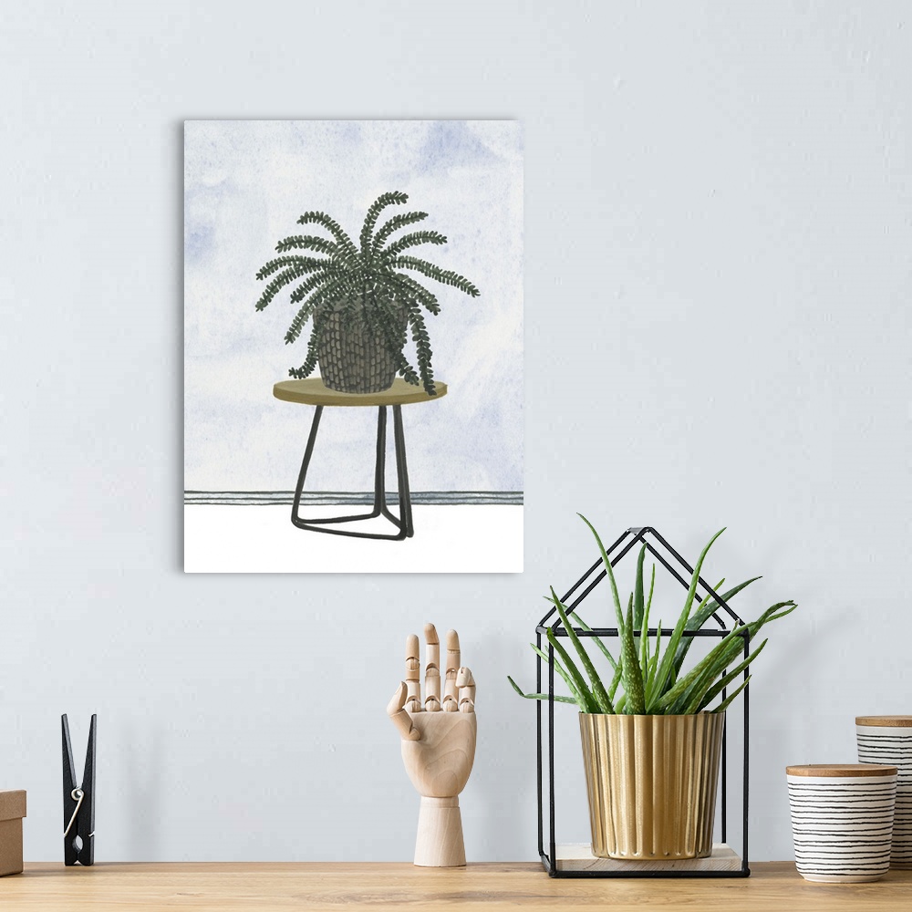 A bohemian room featuring Still life painting of a house plant.
