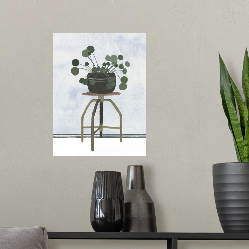 A modern room featuring Still life painting of a house plant.